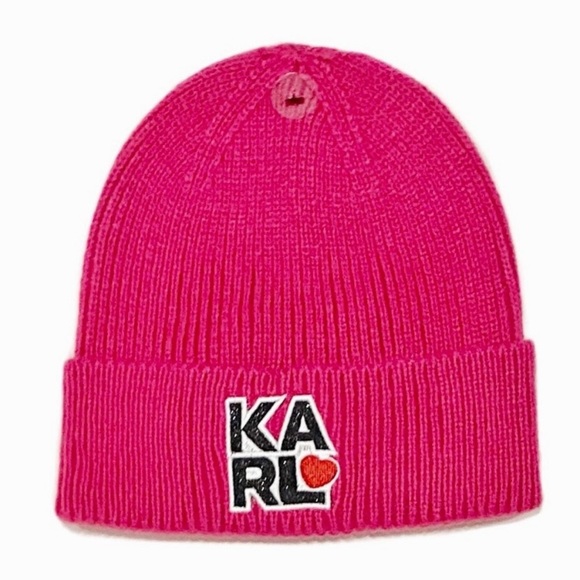 Karl Lagerfeld Rib Knit Heather Pink Logo Patch Hat NWT - Picture 1 of 7